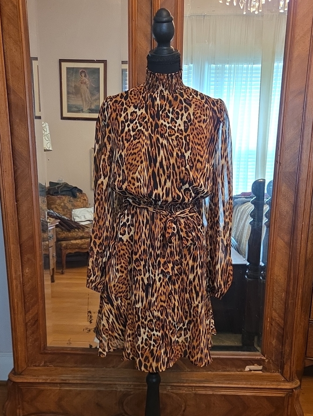 Leopard Print High-Neck Belted Women’s Dress